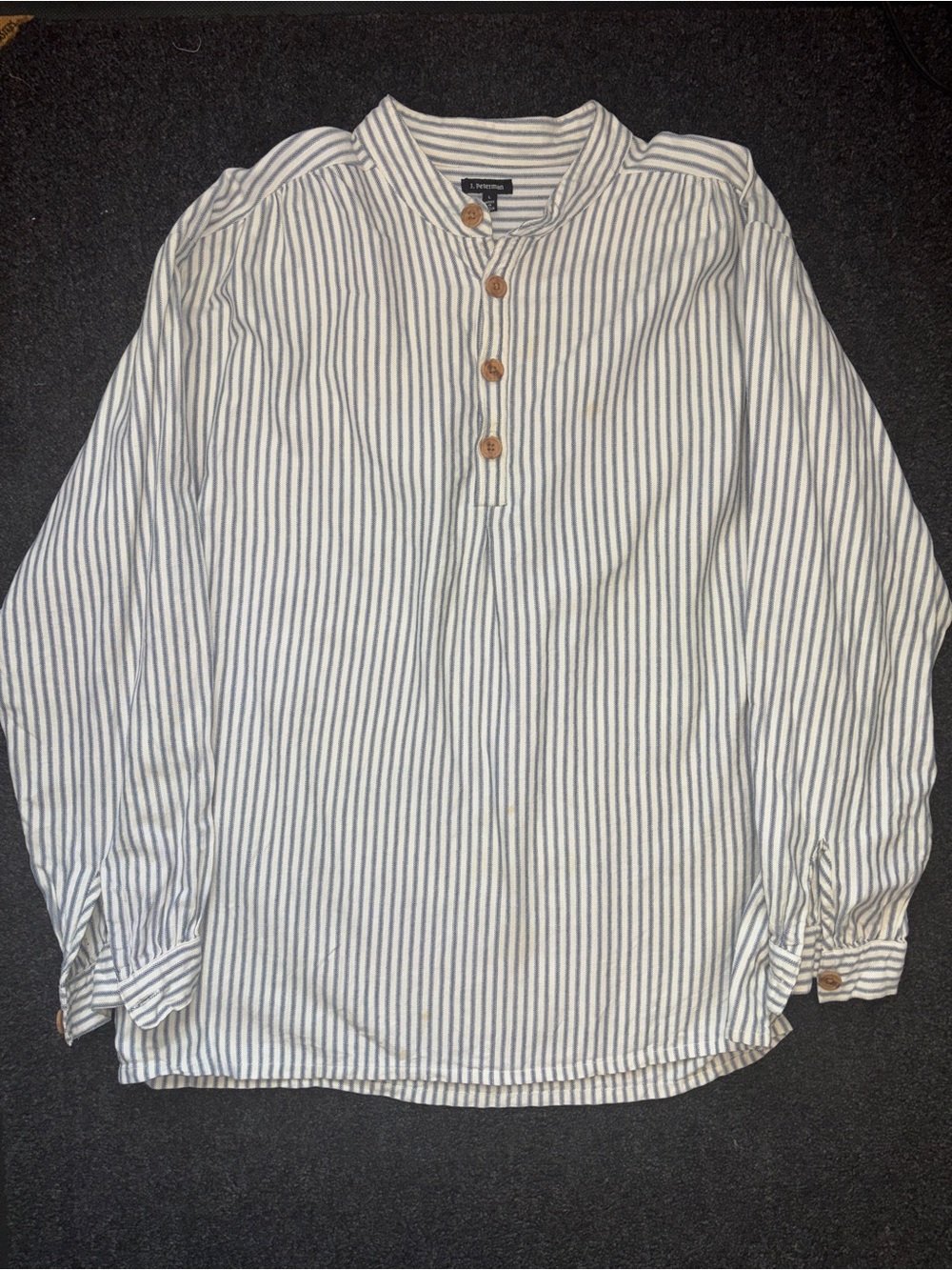Vtg J. Peterman Men's Striped Band Collar Popover Shirt Sz L Cotton Poet Grandad